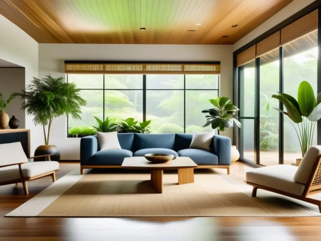 Transforma espacios con Feng Shui: Sala minimalista serena con luz natural y muebles de madera reciclada y decoración sostenible