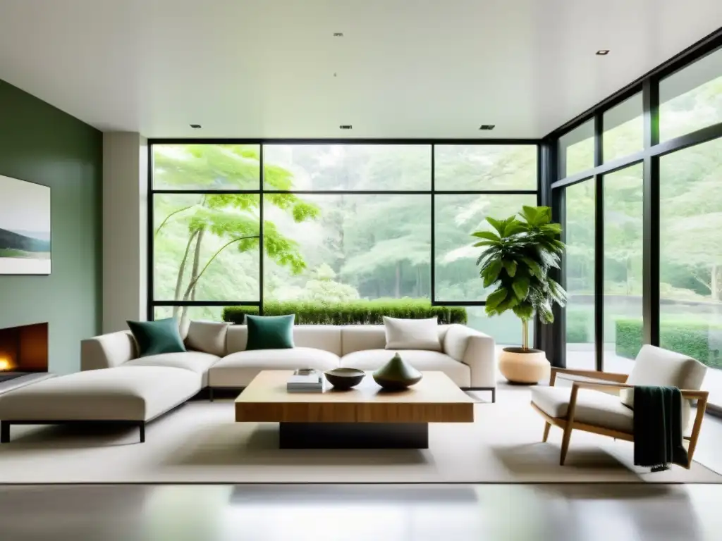 Transforma espacios con Feng Shui: Sala minimalista serena con luz natural, plantas verdes y diseño armonioso