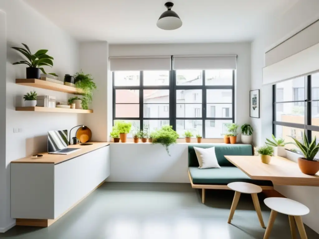 Feng Shui en espacios reducidos: Estudio minimalista y acogedor con decoración armoniosa y mucha luz natural