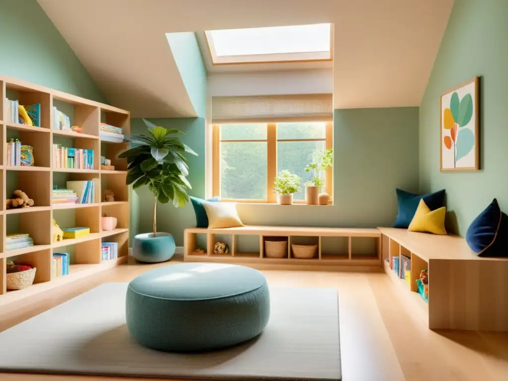 Espacios Feng Shui para niños: Una sala de juegos serena y minimalista con tonos pastel, madera natural y mucha luz natural para fomentar la calma y la creatividad