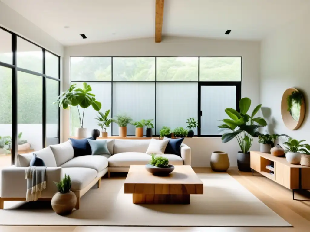 Transforma espacios con Feng Shui: Sala de estar minimalista con luz natural, plantas y materiales reciclados, transmitiendo calma y equilibrio