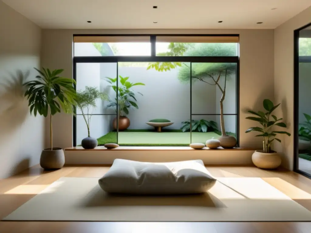 Espacios de meditación con Feng Shui: Sala serena con luz natural, colores neutros y ambiente tranquilo, invitando a la calma y mindfulness