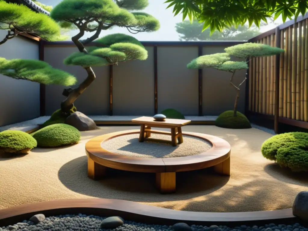 Espacios de meditación en jardines: Jardín japonés sereno con bonsáis y banco de meditación de madera