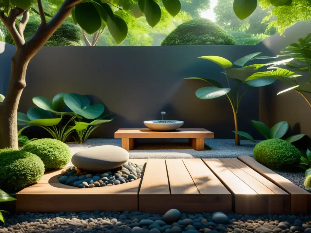 Espacios de meditación en jardines: Jardín sereno con rocas, fuente y banco de madera, rodeado de vegetación exuberante y luz filtrada