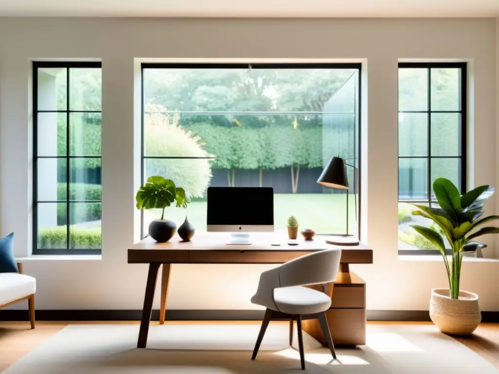 Espacios de trabajo armónicos en casa: Oficina en casa ordenada con un elegante escritorio de madera frente a una ventana grande que da a un jardín tranquilo