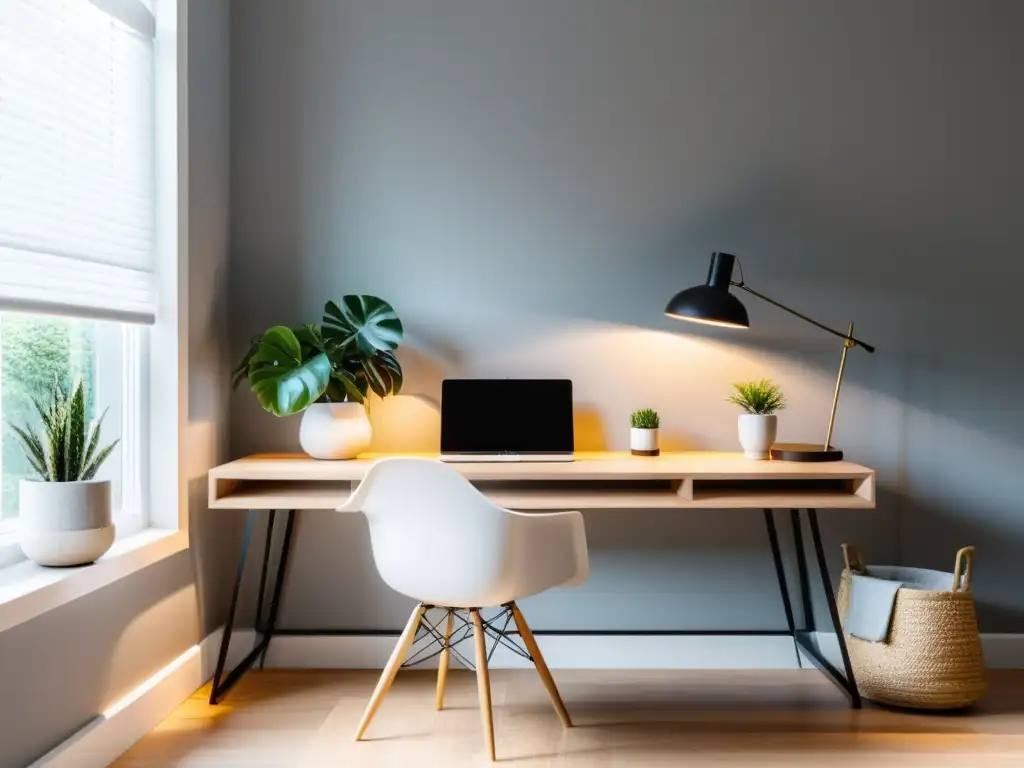 Espacios de trabajo armónicos en casa: Oficina moderna y minimalista con luz natural, plantas y equilibrio Feng Shui