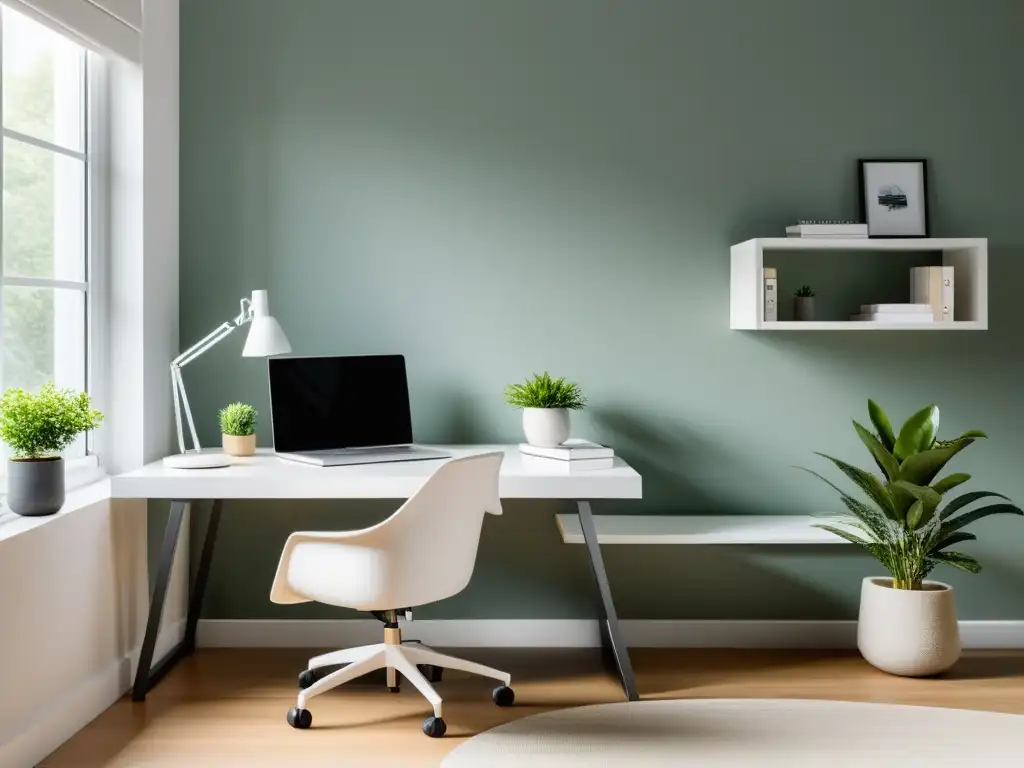 Espacios de trabajo armónicos en casa: Oficina minimalista con escritorio blanco, luz natural y decoración serena