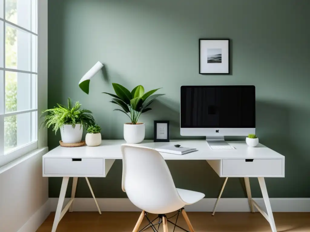 Espacios de trabajo armónicos en casa: Oficina serena con un elegante escritorio blanco, decoración minimalista y luz natural