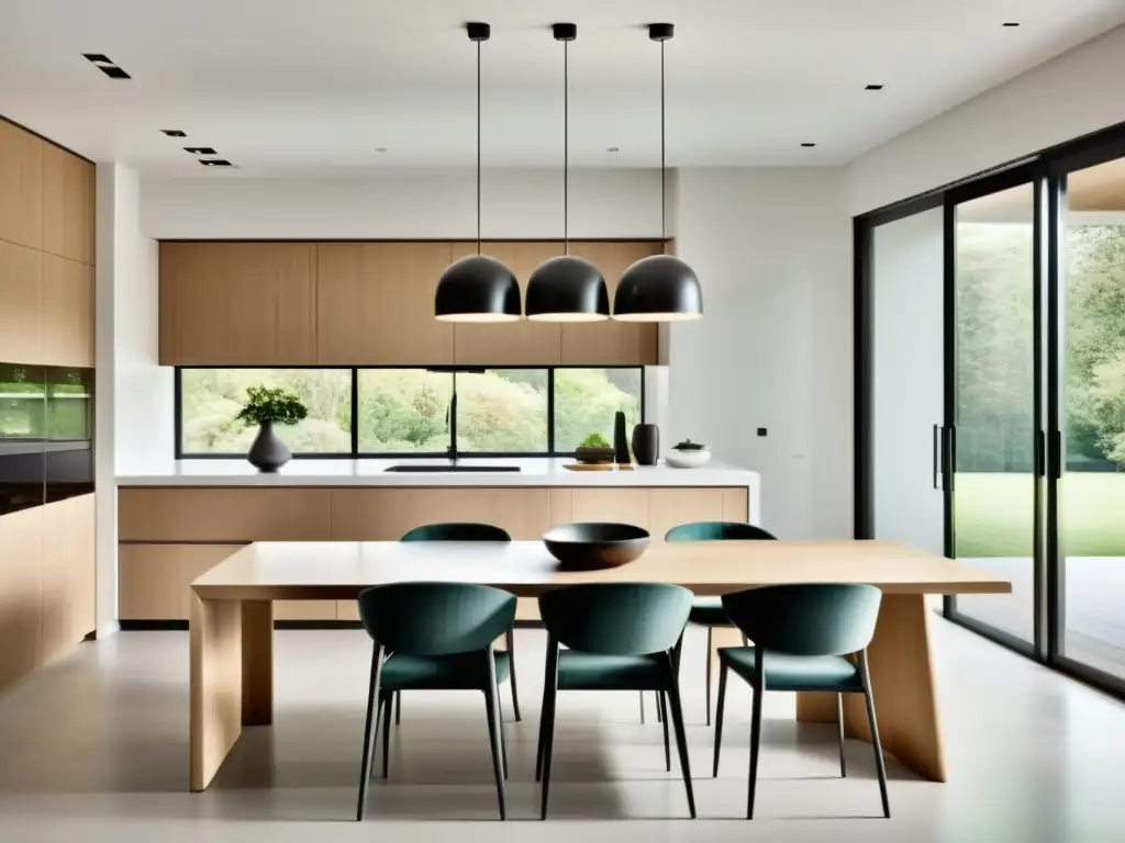 Espaciosa cocina y comedor modernos con diseño minimalista, muebles neutros y Feng Shui para apartamentos minimalistas