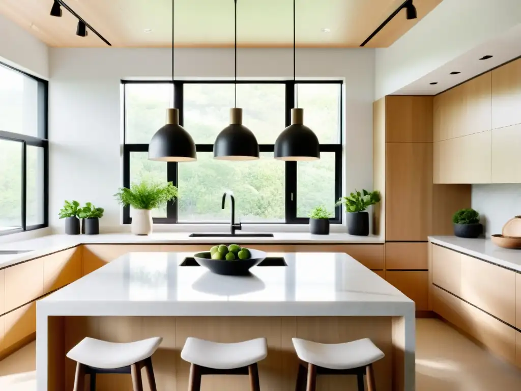 Espaciosa cocina minimalista con elegante diseño, encimeras de mármol blanco y gabinetes de madera clara