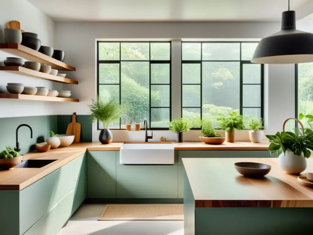 Espaciosa cocina minimalista con luz natural, plantas y utensilios de madera, armonía Feng Shui cocina limpieza ecológica