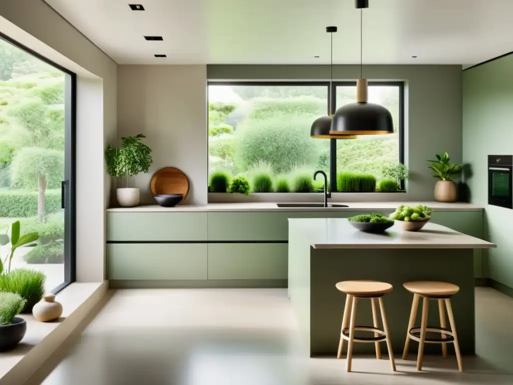 Espaciosa cocina de diseño Feng Shui con tonos terrosos y luz natural