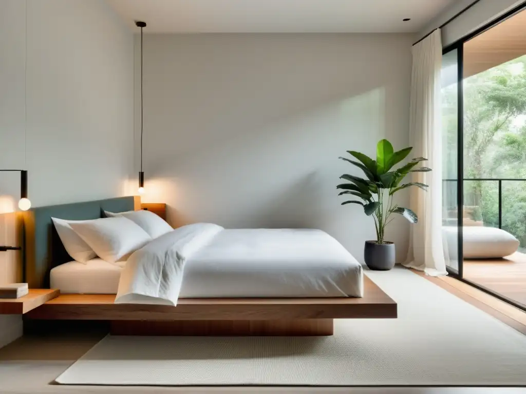 Espaciosa habitación minimalista con organización y Feng Shui, cama plataforma, blancos impecables y planta en estante