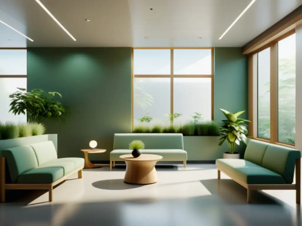 Espaciosa sala de espera hospitalaria con Feng Shui en hospitales urbanos, decorada con plantas y tonos terrosos para promover paz y tranquilidad