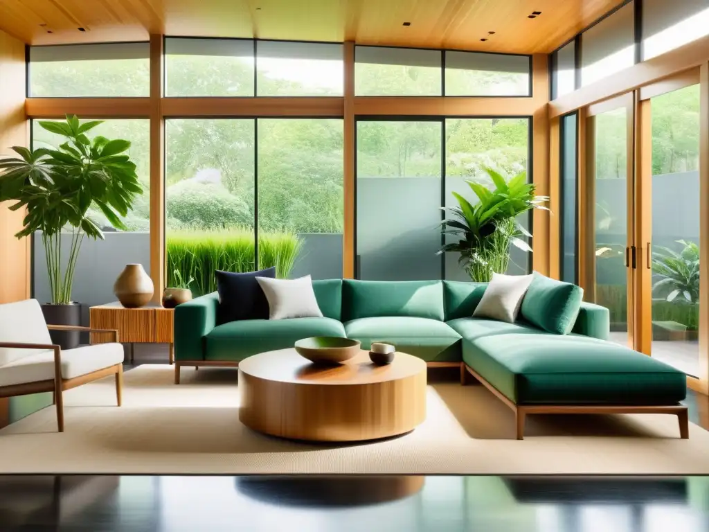 Espaciosa sala de estar con luz natural, muebles ecológicos y armonía Feng Shui en el hogar