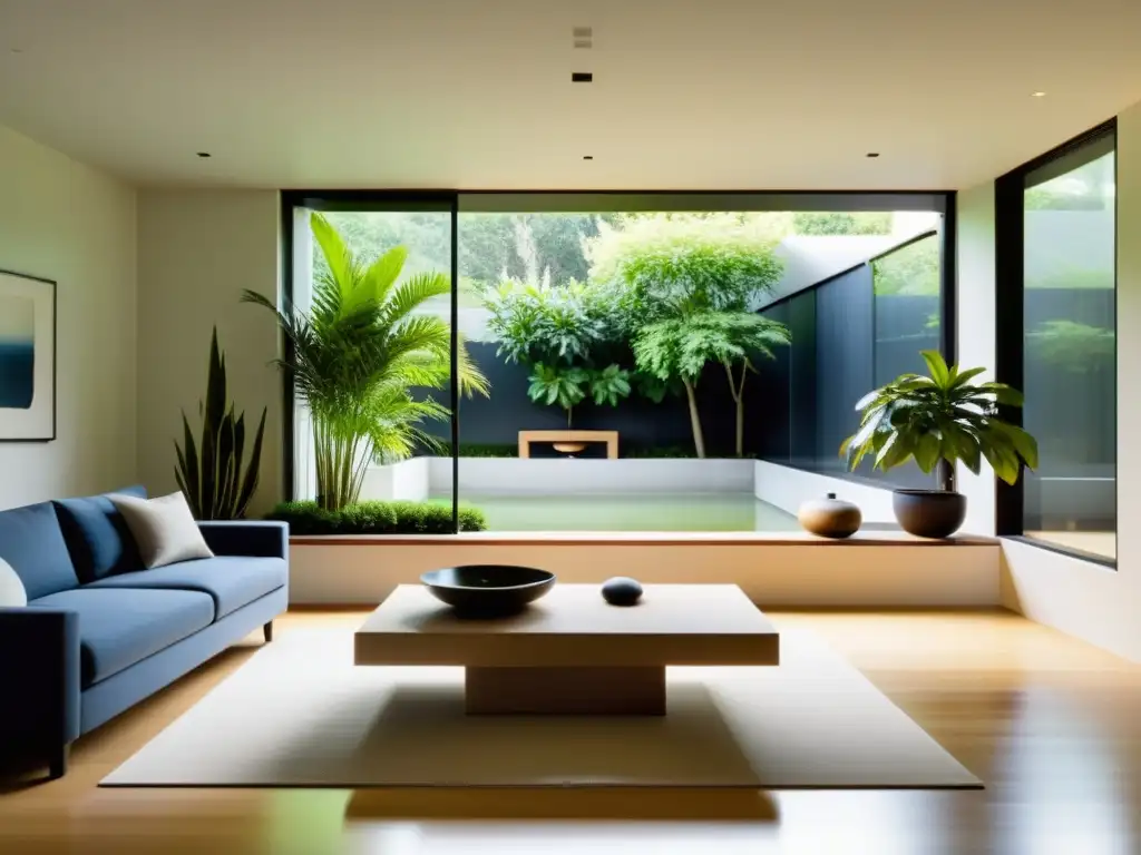 Espaciosa sala minimalista con influencia de Feng Shui y Geomancia, bañada en luz natural y vista al jardín tranquilo