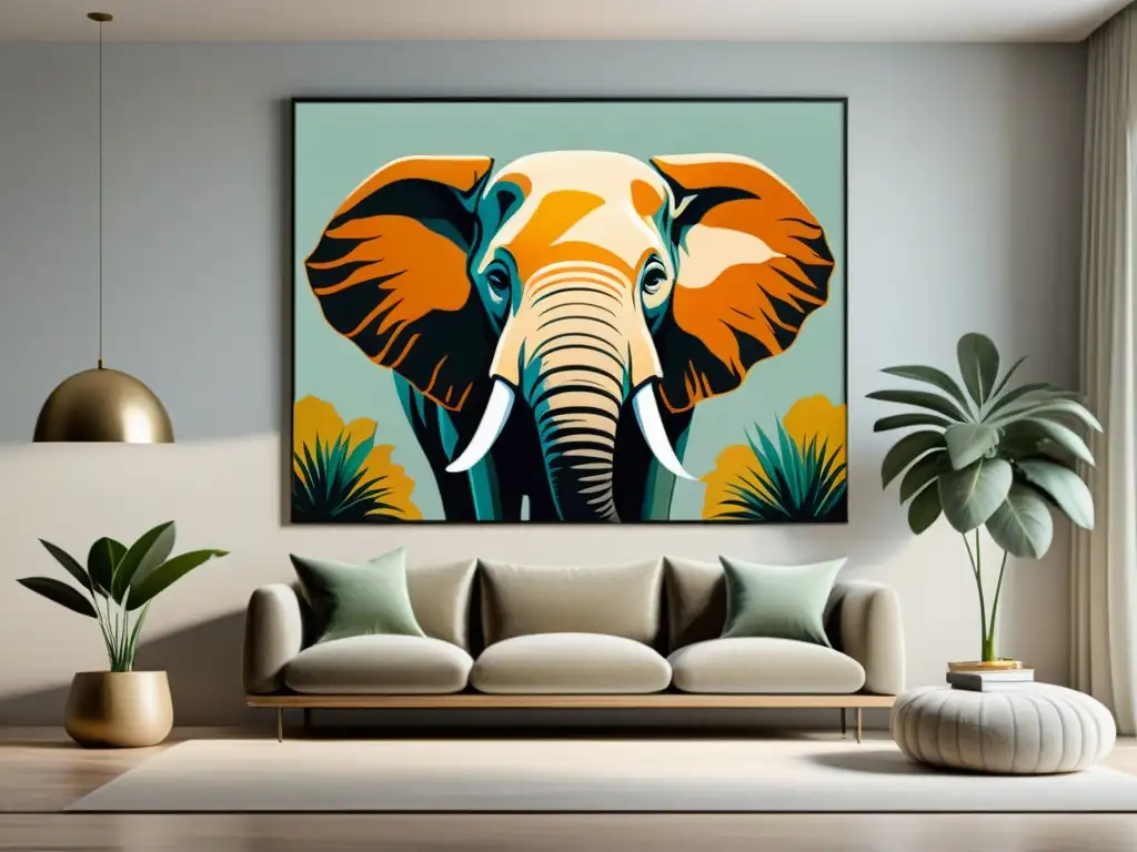 Espaciosa sala minimalista con una pintura abstracta de elefante en tonos terrosos, simbolizando el significado del elefante en feng shui