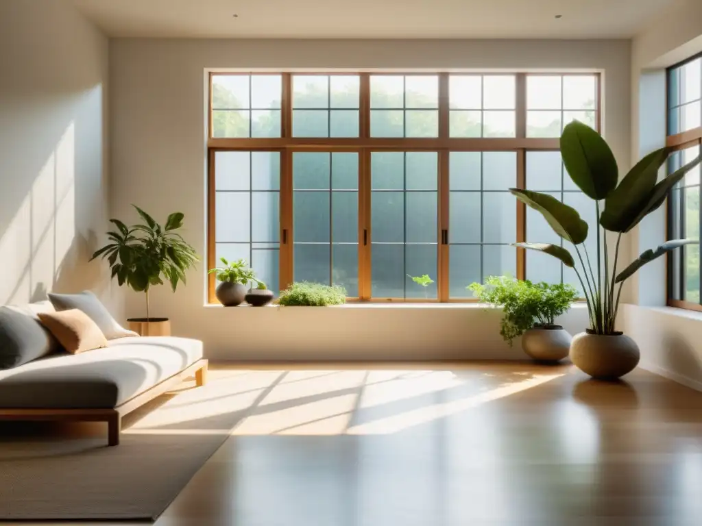 Espaciosa habitación soleada con ventilación natural feng shui, muebles armoniosos y plantas estratégicamente ubicadas