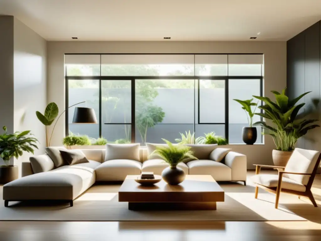 Espacioso salón con Feng Shui para eficiencia energética: armonía y tranquilidad con plantas y luz natural