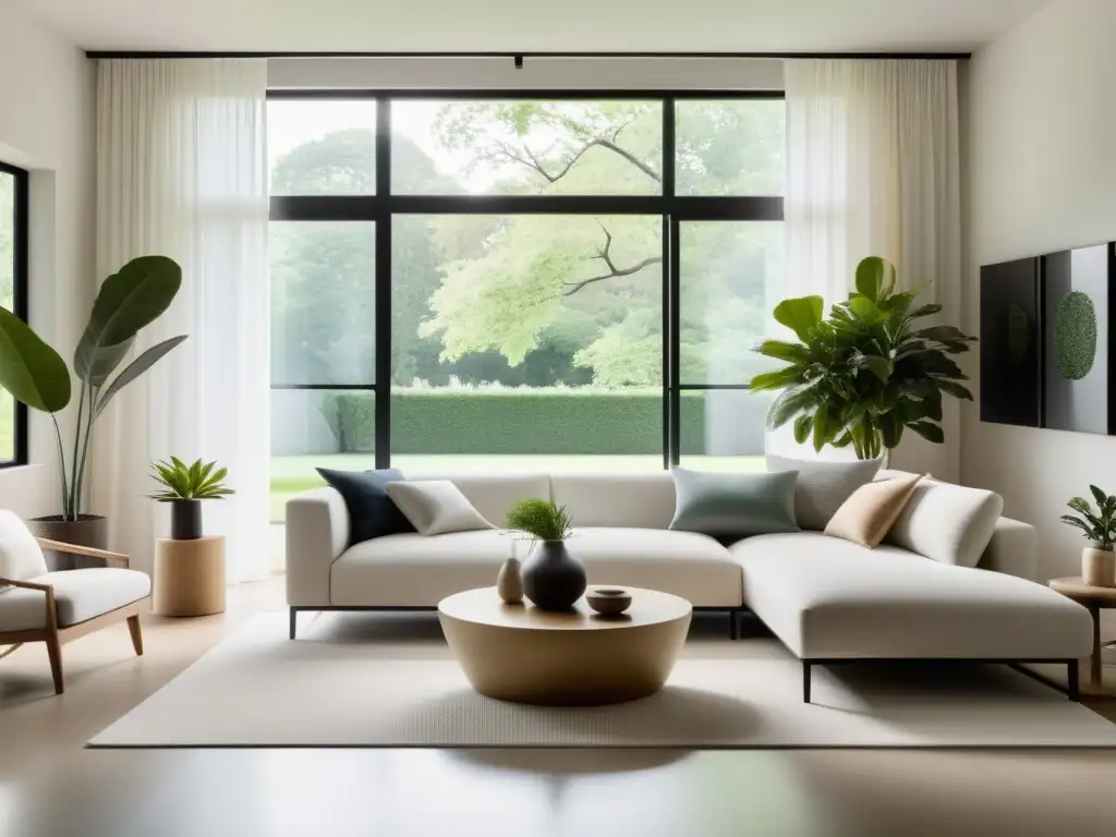 Espacioso salón con decoración Feng Shui, luz natural, tonos serenos y equilibrio hormonal