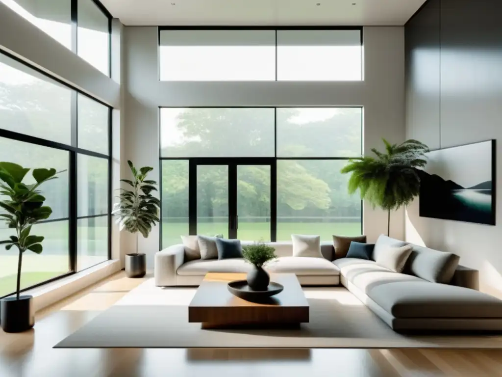 Espacioso salón minimalista con decoración feng shui en alturas, muebles elegantes y abundante luz natural