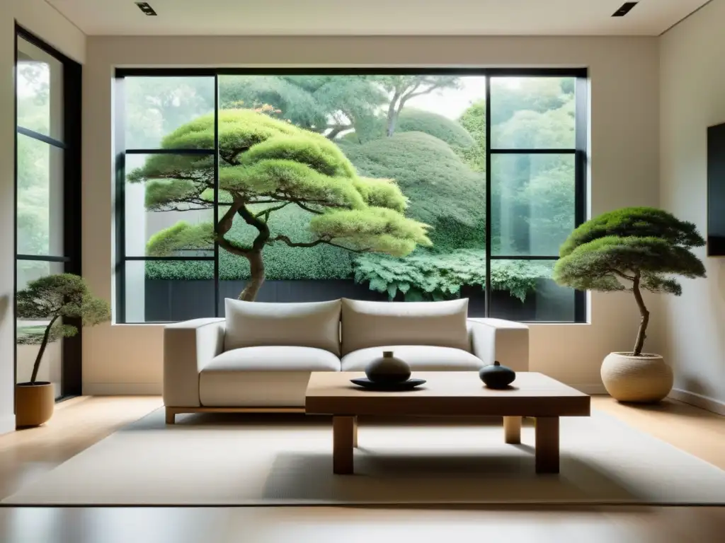 Espacioso salón minimalista con colocación de objetos según Feng Shui, ventana grande y jardín sereno