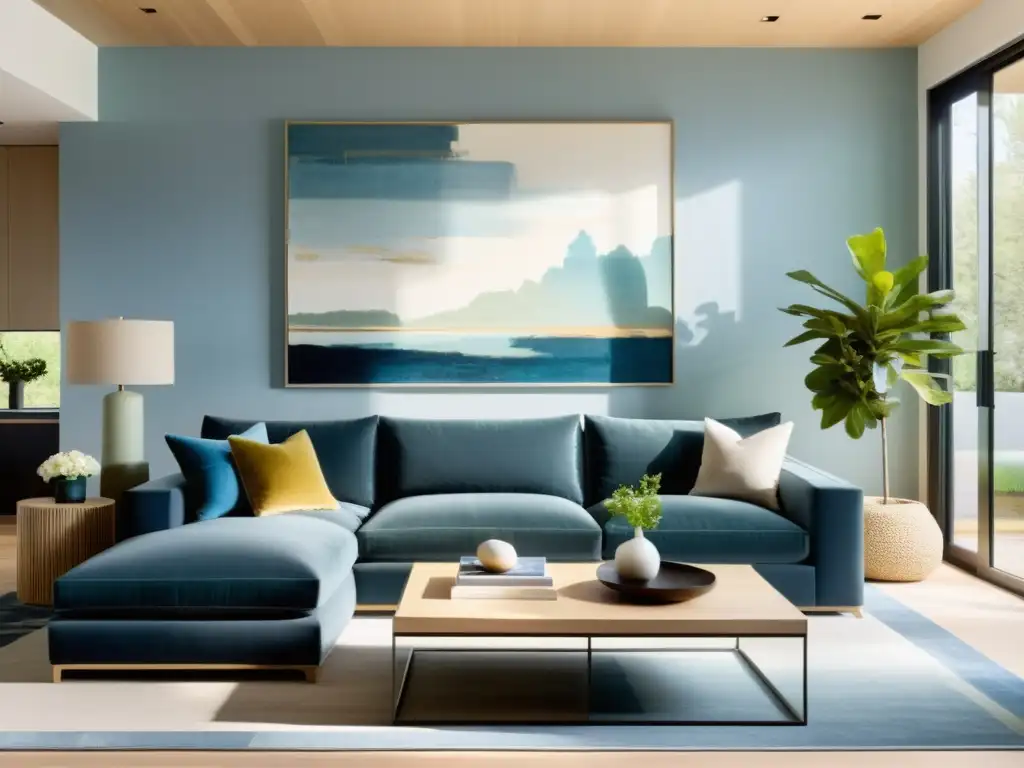 Espacioso salón minimalista con colores calmantes y elementos de feng shui, incluyendo arte abstracto con psicología del color en feng shui