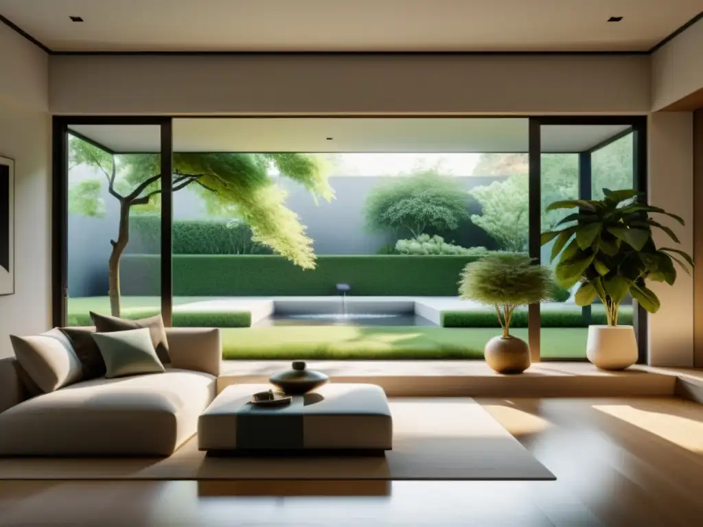 Espacioso salón minimalista con elementos Feng Shui para vender casa, vista a jardín tranquilo desde gran ventana