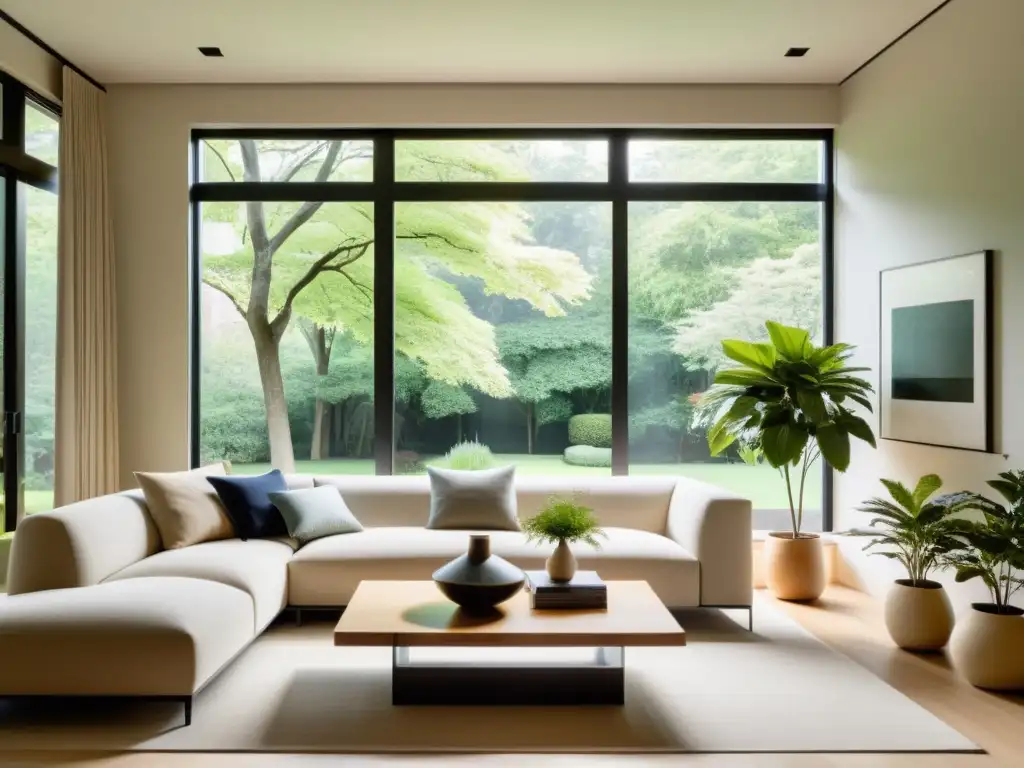 Espacioso salón minimalista con elementos de feng shui y armonización, iluminado por luz natural y vista al jardín sereno