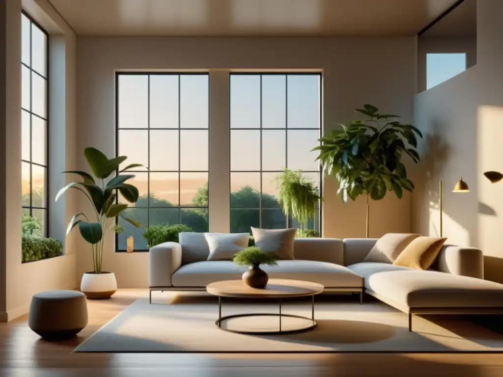 Espacioso salón minimalista con luz dorada y plantas, reflejando la importancia de la iluminación en Feng Shui