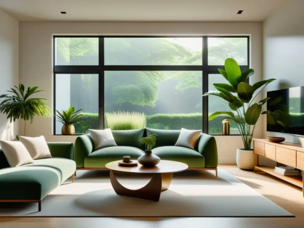 Espacioso salón minimalista con luz natural, mobiliario armonioso y plantas vibrantes, aplicando Feng Shui para atraer prosperidad