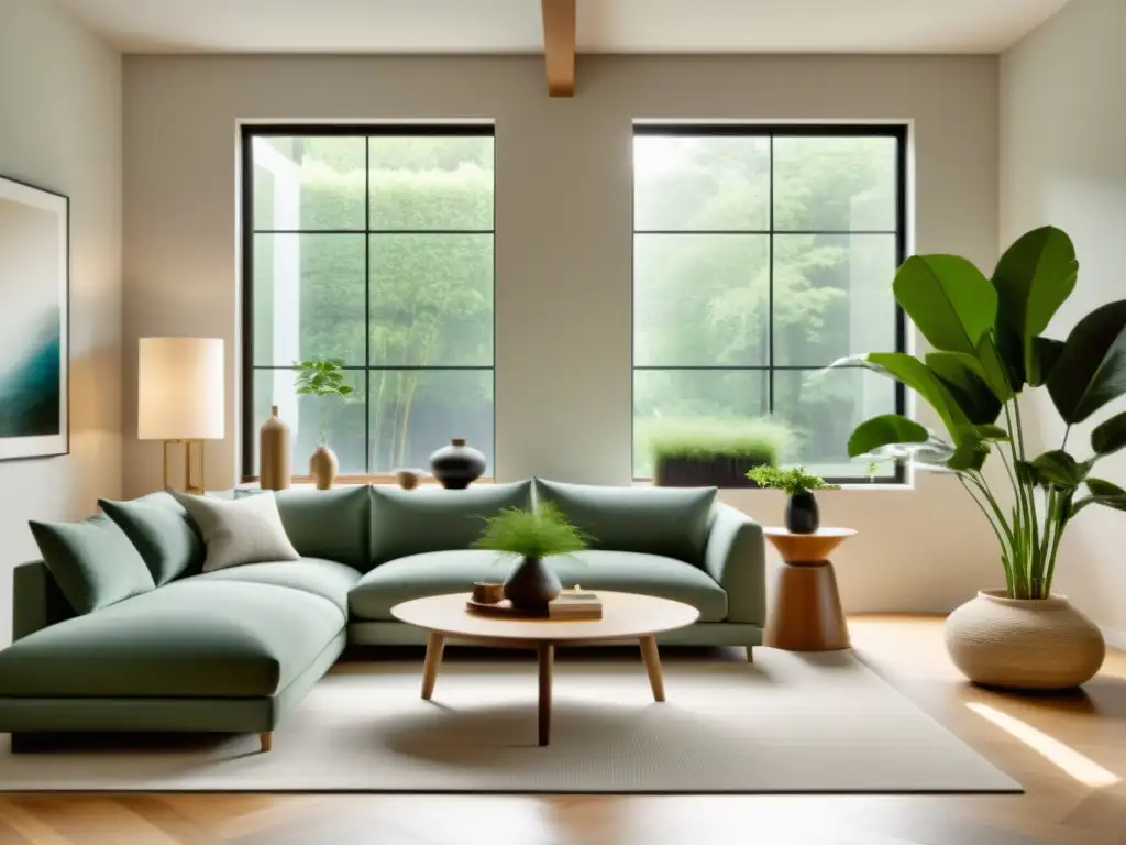 Espacioso salón minimalista con luz natural, mobiliario ecofriendly y decoración Feng Shui