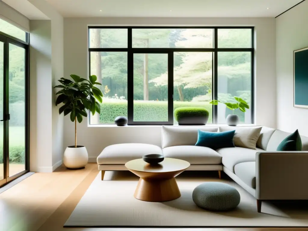 Espacioso salón minimalista con monitores de calidad del aire Feng Shui, inundado de luz natural y armonía