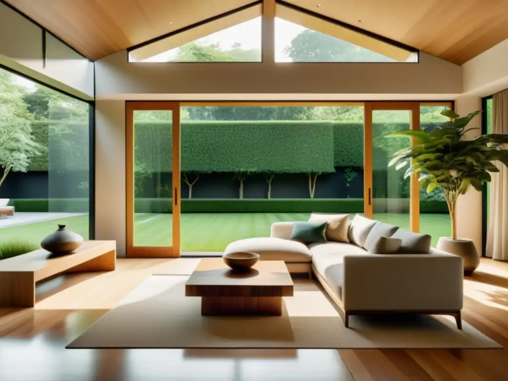 Espacioso salón minimalista con muebles de madera y piedra, rodeado de naturaleza