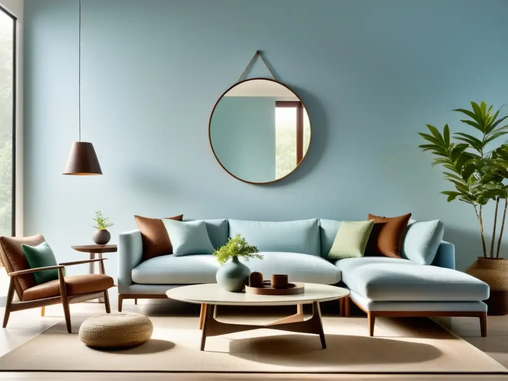 Espacioso salón minimalista con paleta de colores Feng Shui hogar, reflejando armonía y tranquilidad