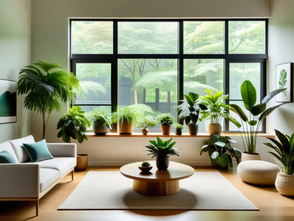 Espacioso salón minimalista con plantas de interior para armonización, creando una atmósfera natural y tranquila