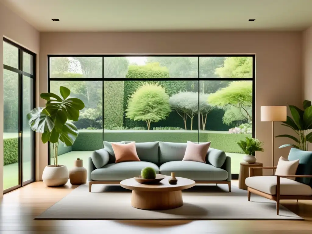 Espacioso salón minimalista con toques de Feng Shui y Vastu Shastra, inundado de luz natural y rodeado de naturaleza exuberante