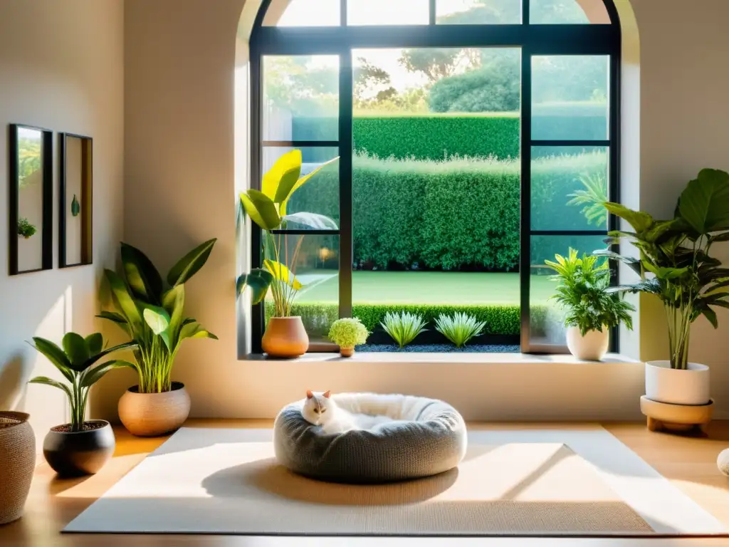 Espacioso salón minimalista con ubicación zonas mascotas Feng Shui, iluminado por luz solar y rodeado de naturaleza