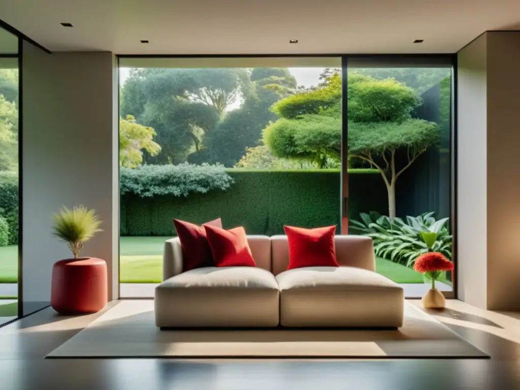 Serenidad minimalista con ventana y jardín Espacioso salón minimalista con ventana que muestra jardín tranquilo, muebles sencillos en tonos neutros y cojín rojo vibrante