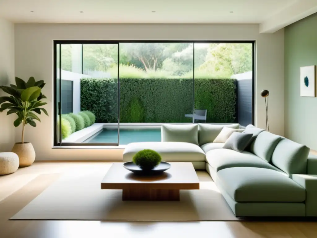 Espacioso salón minimalista con vista a jardín tranquilo, elementos de feng shui y sensación de equilibrio