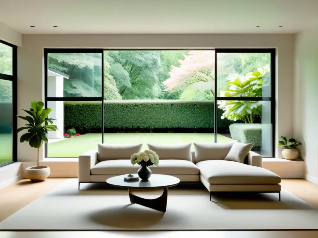 Espacioso salón minimalista con vista al jardín