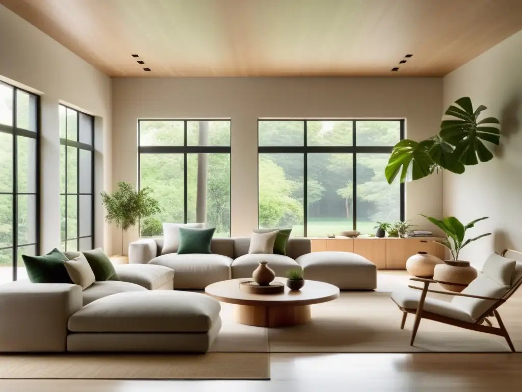 Espacioso salón minimalista con decoración ecológica para armonía Feng Shui