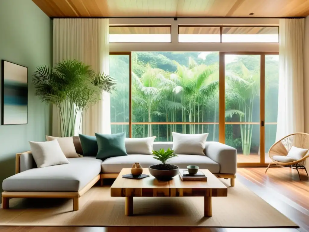 Espacioso salón ecológico con muebles de materiales sostenibles y armonía Feng Shui