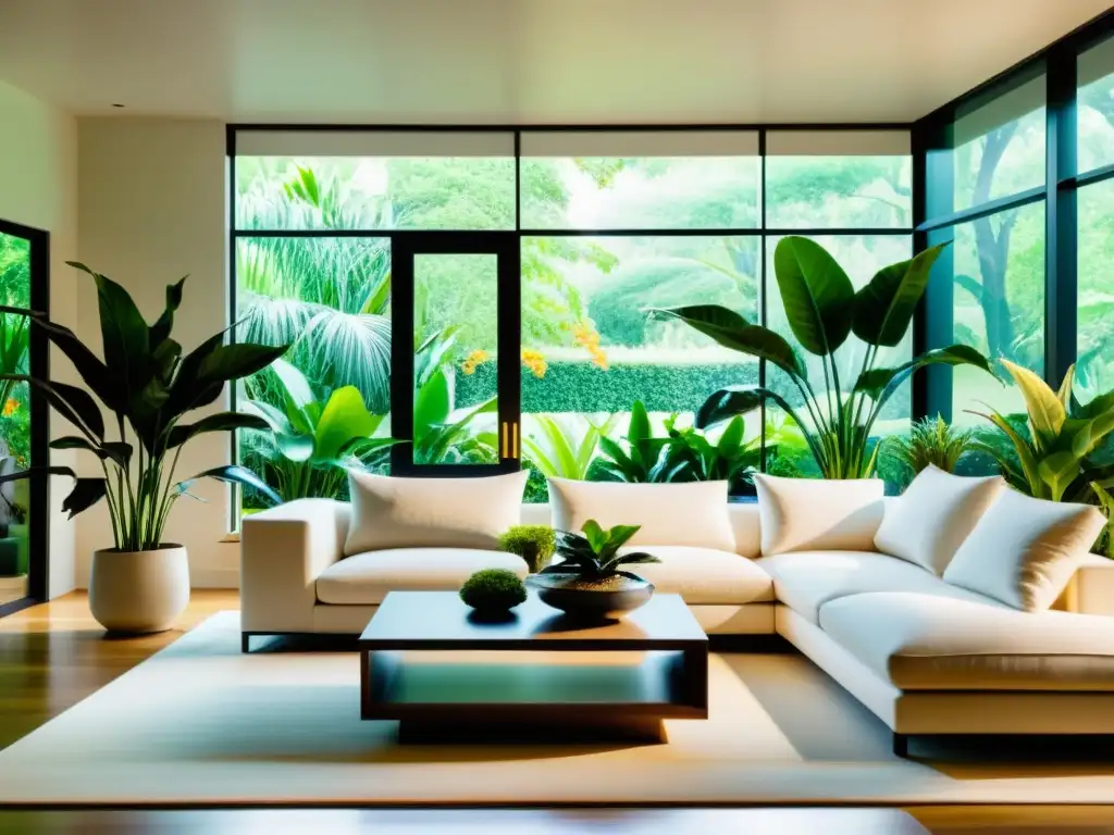 Espacioso salón con plantas purificadoras feng shui mascotas, luz natural y vista al jardín exuberante