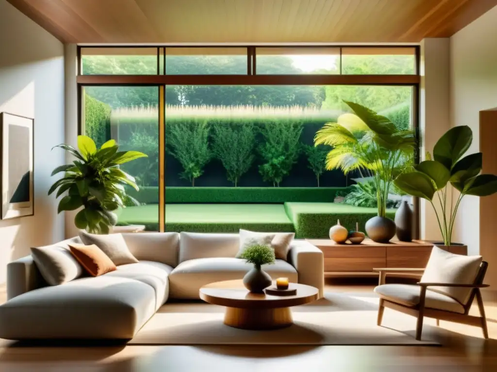 Espacioso salón con plantas de temporada, decoración Feng Shui y vista a un exuberante jardín