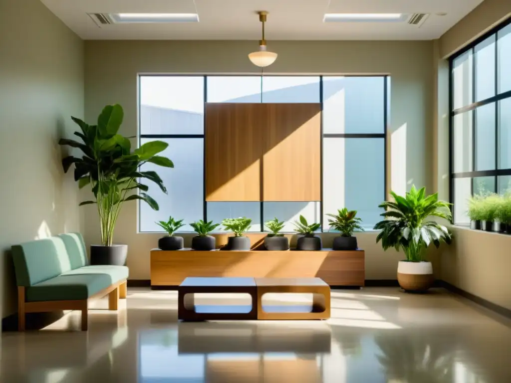 Espacioso y sereno vestíbulo hospitalario con diseño feng shui en hospitales urbanos, mobiliario de madera y plantas ornamentales