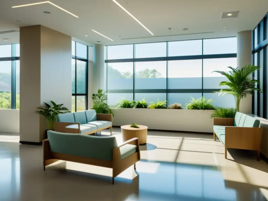 Espacioso y sereno vestíbulo hospitalario con diseño Feng Shui en hospitales urbanos, luz natural y ambiente armonioso para bienestar y curación