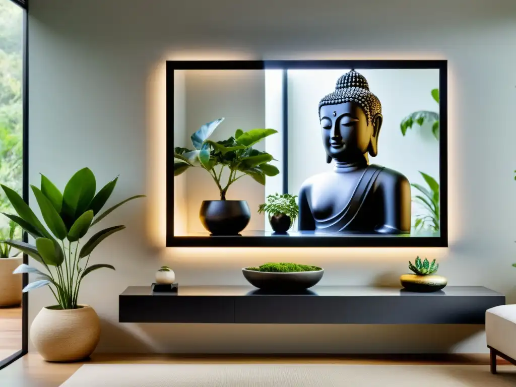 Un espejo inteligente para Feng Shui en un salón minimalista y zen con jardín interior tranquilo y equilibrado