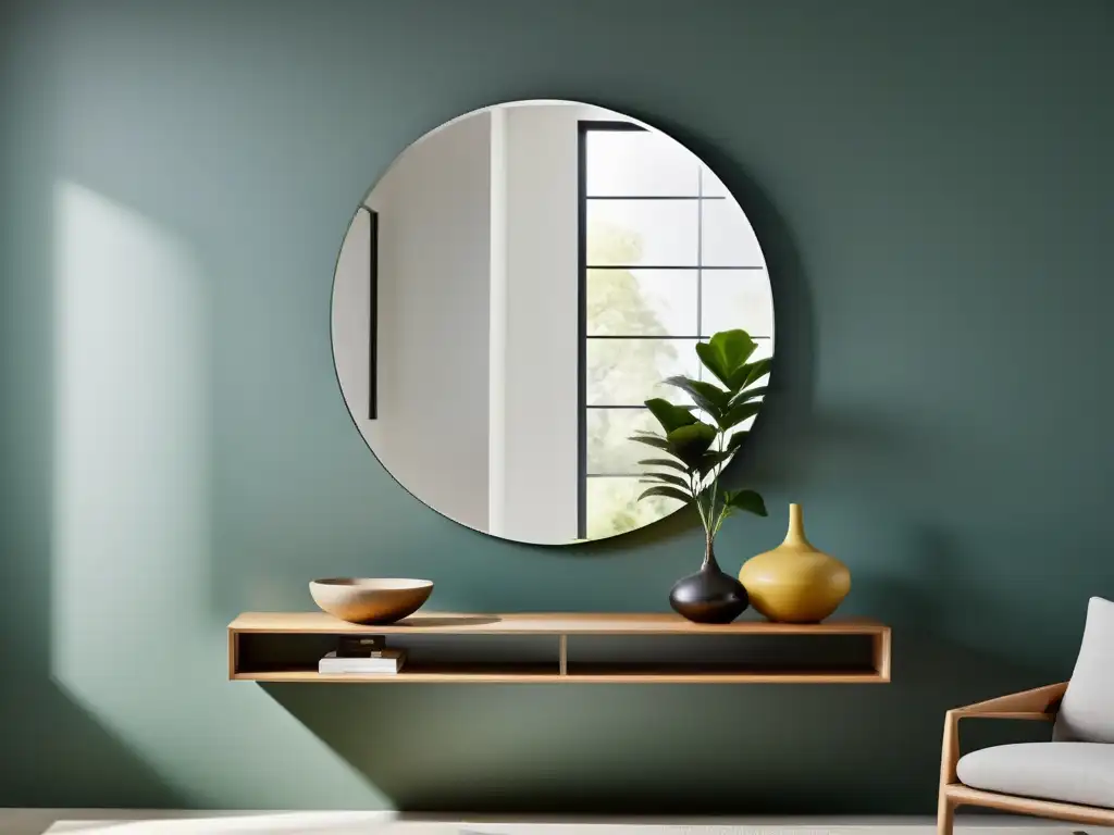 Un espejo minimalista sin marco refleja la luz natural en un salón moderno y despejado, creando limpieza energética con espejos feng shui