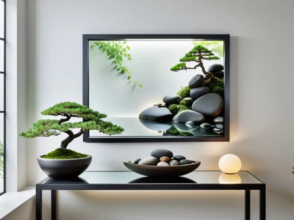 Un espejo negro de estilo minimalista cuelga en una pared blanca, reflejando un jardín zen interior